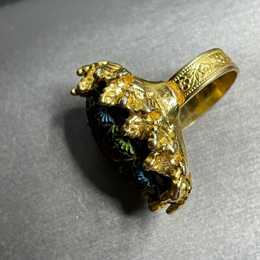 Moroccan Glass Lg Cabochon Gold Tone Leaves Vintage Adjustable Ring Sz 7 - Picture 5 of 12